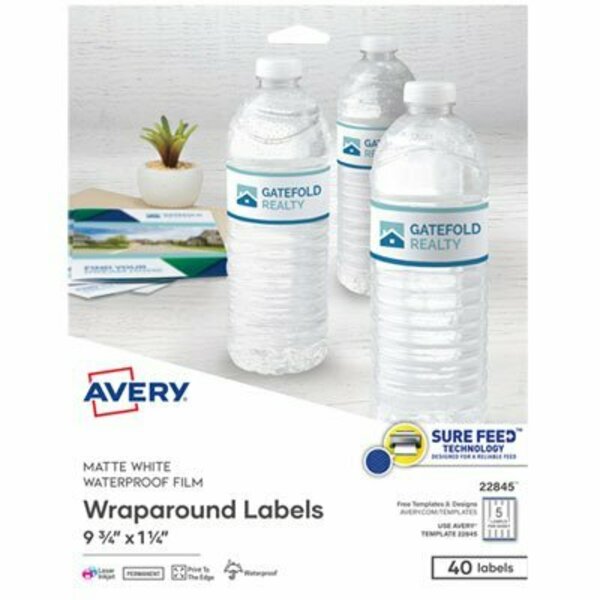 Avery Dennison Avery, WATER-RESISTANT WRAPAROUND LABELS W/ SURE FEED, 9 3/4 X 1 1/4, WHITE, 40PK 22845